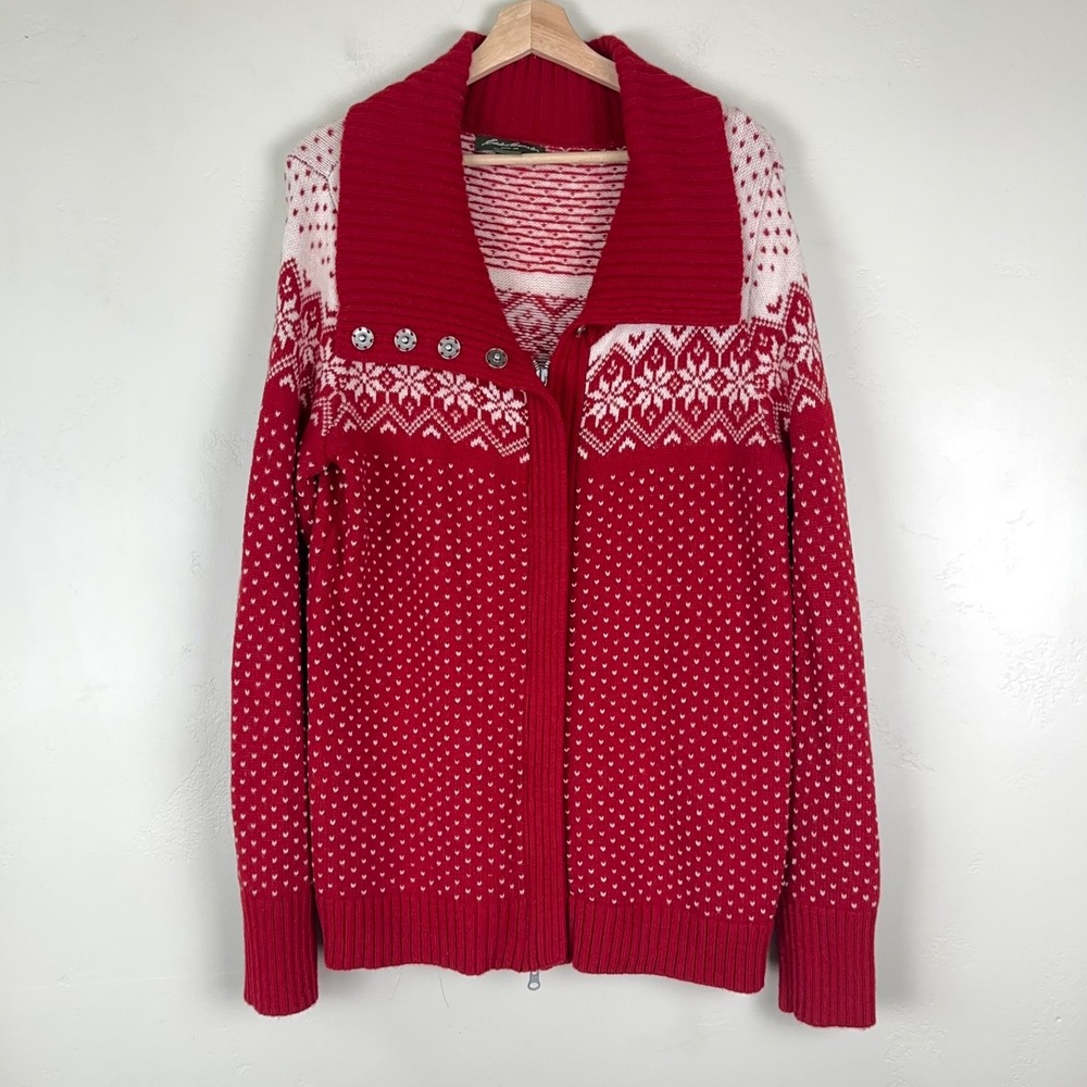 Eddie Bauer Womens Nordic Fair Isle Cardigan Sz Tall Large Birds Eye Christmas